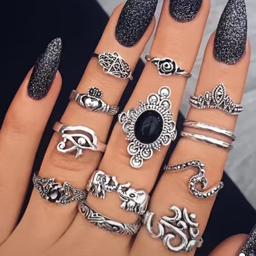 Boho Vintage Black Gemstone Geometric Ring Set 13pc